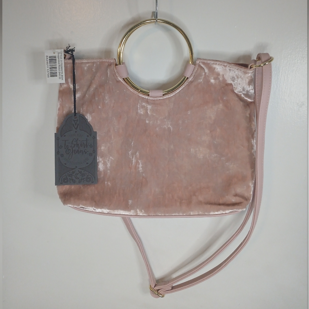 New! T-Shirt & Jeans Pink Velvet Shoulder Bag w Gold Ring Handles & Faux Leather
